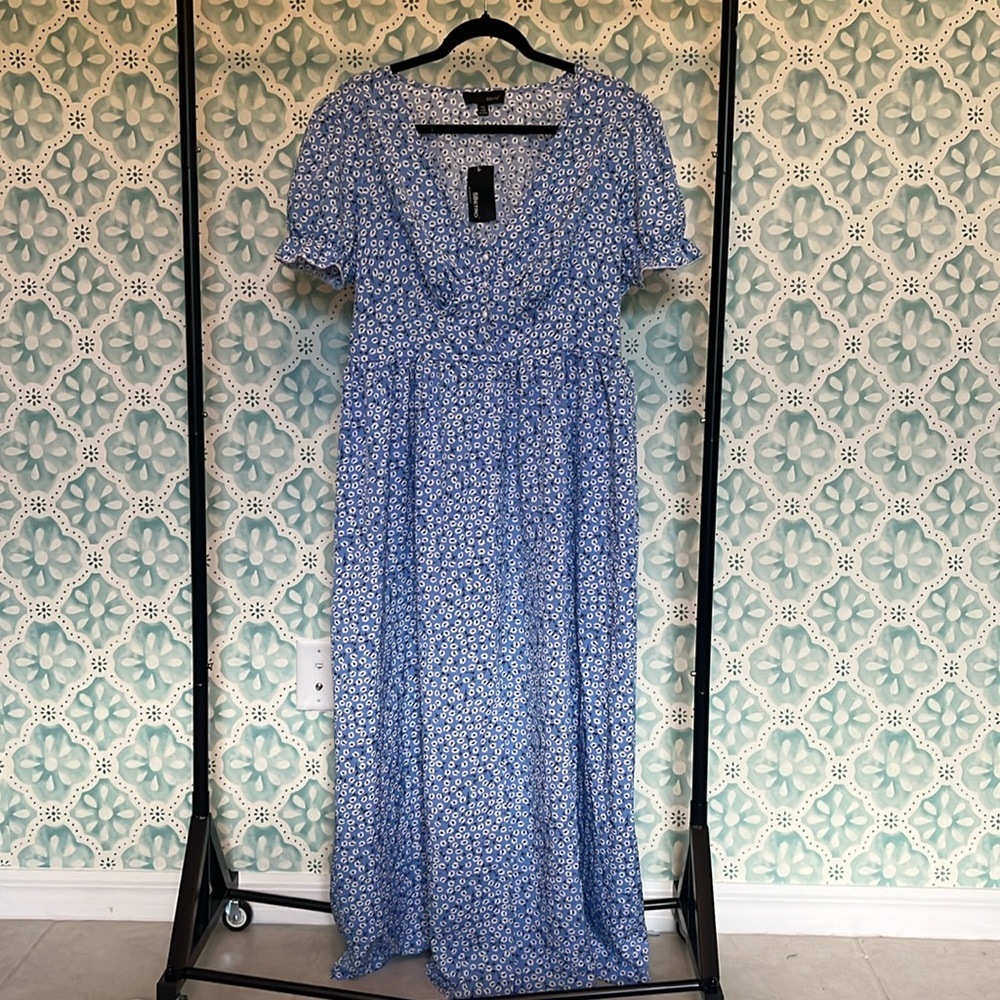 Suzanne betro blue floral milkmaid puff sleeve maxi dress.
